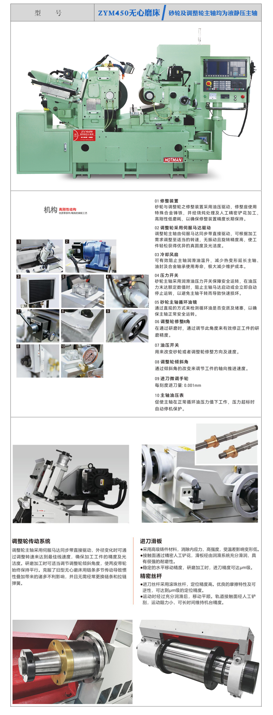 ZYM450無(wú)心磨床，砂輪及調(diào)整輪主軸均為液靜壓主軸。